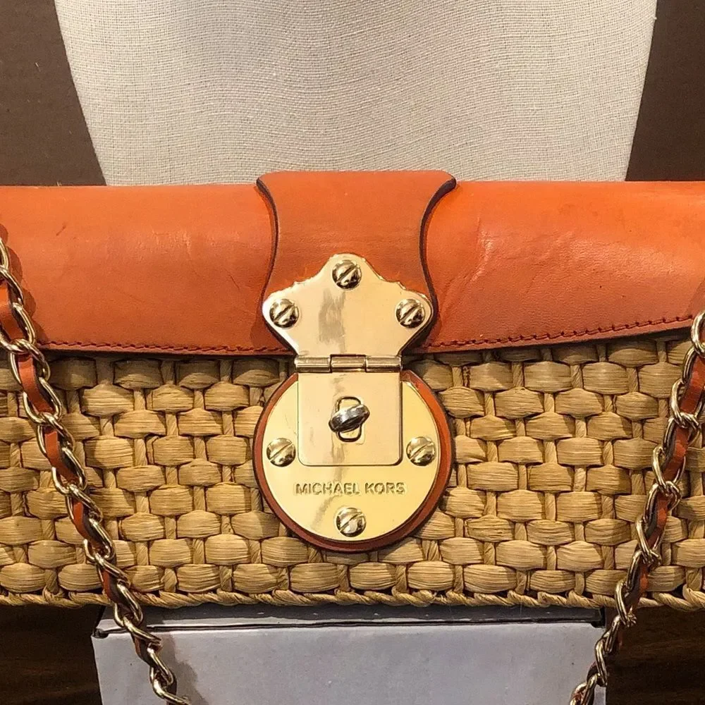 Vintage MICHAEL KORS Rattan Leather Clutch Gold Turn Lock Chain & Leather Strap